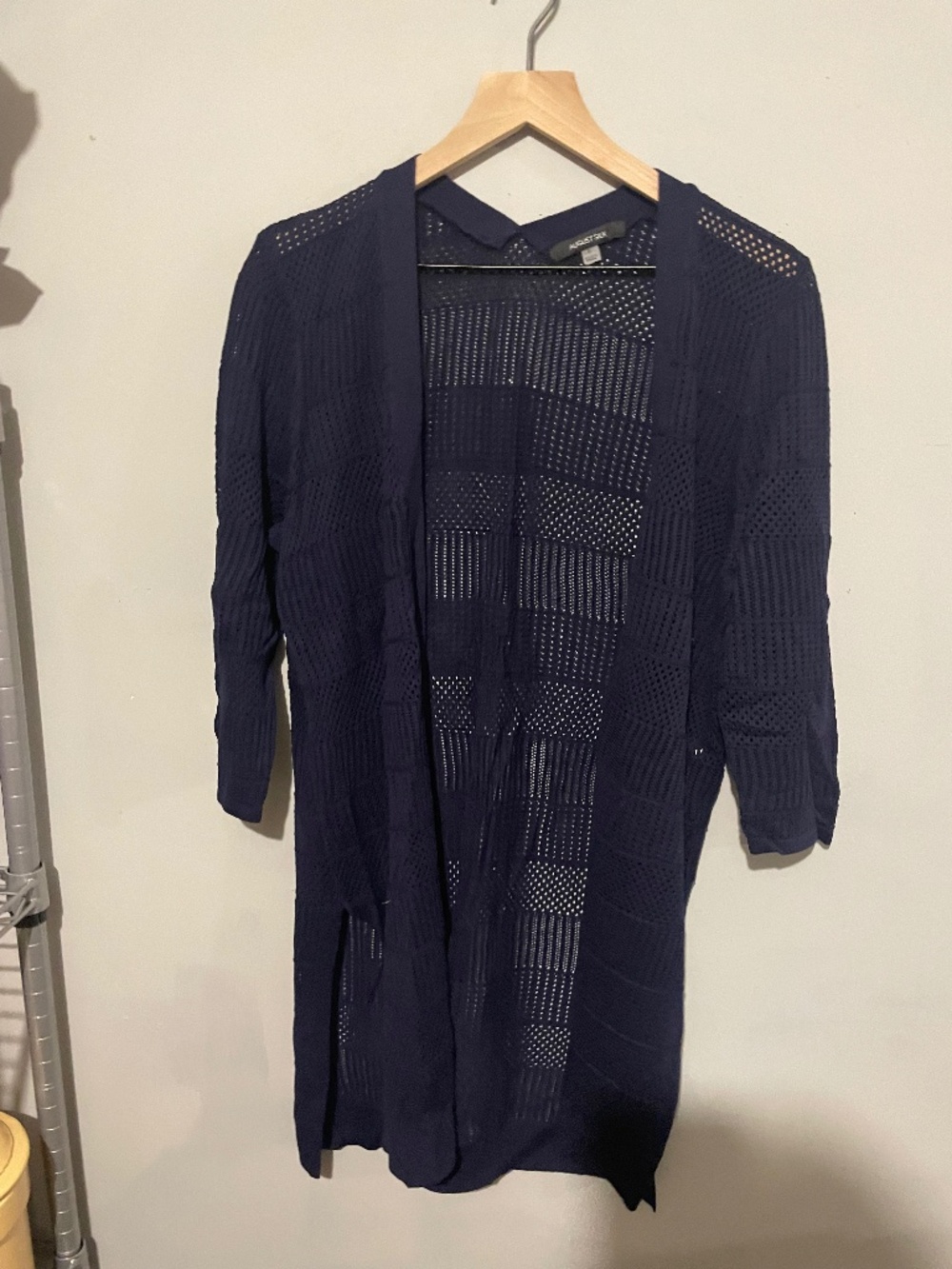 August silk women’s large navy mesh open front sweat sweater
